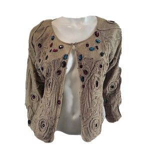 Chicos Small Tan Gold Gemstone Hook  Eye Sweater Cardigan